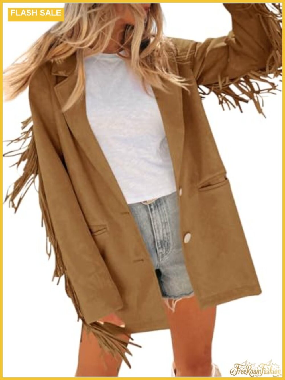 Women's Faux Suede Fringe Jacket Blazer Lapel Button Suit Coat